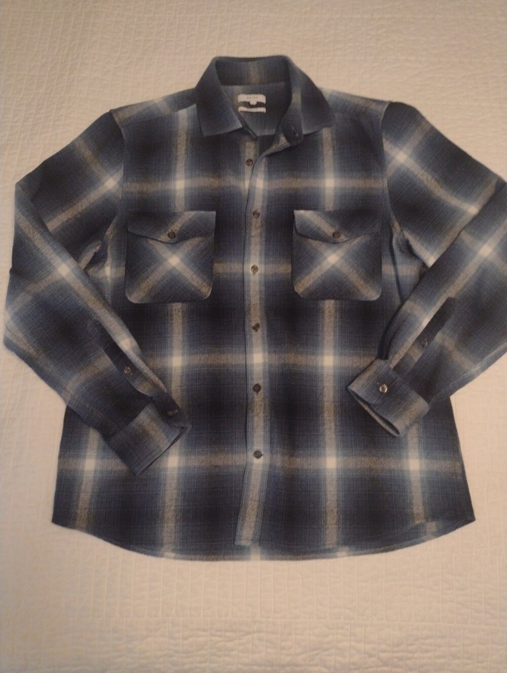 Reiss Plaid Flannel Men's XL Regular Fit Button Down Shirt Blue White Pockets